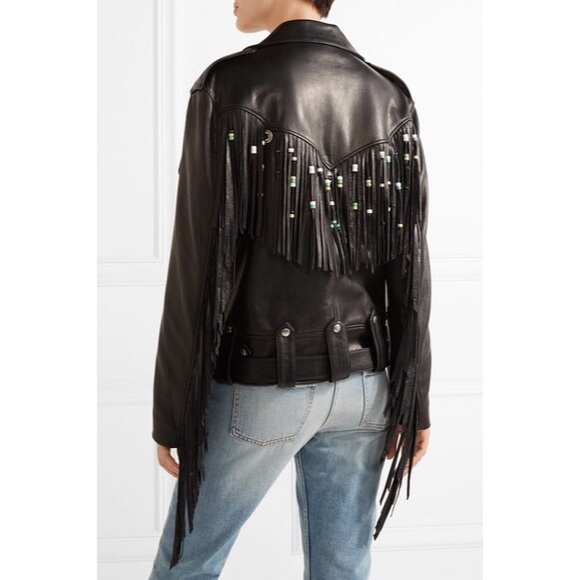 New Black GUCCI Fringe Beaded Leather Biker Jacket - Picture 4 of 5